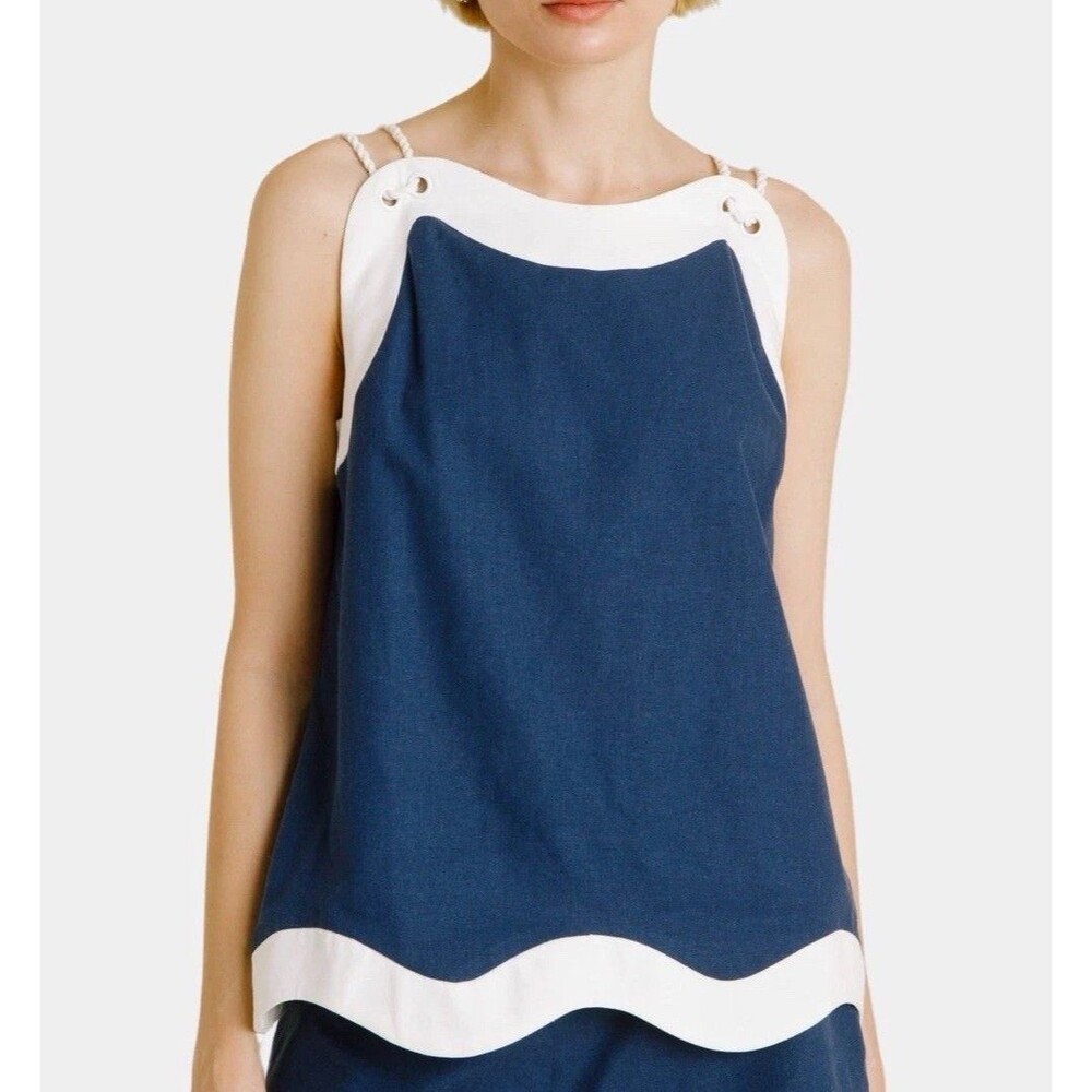 Hausen Wom XS Nautical Navy Blue White Tank Scallop Hem Rope Strap Yacht Naughty